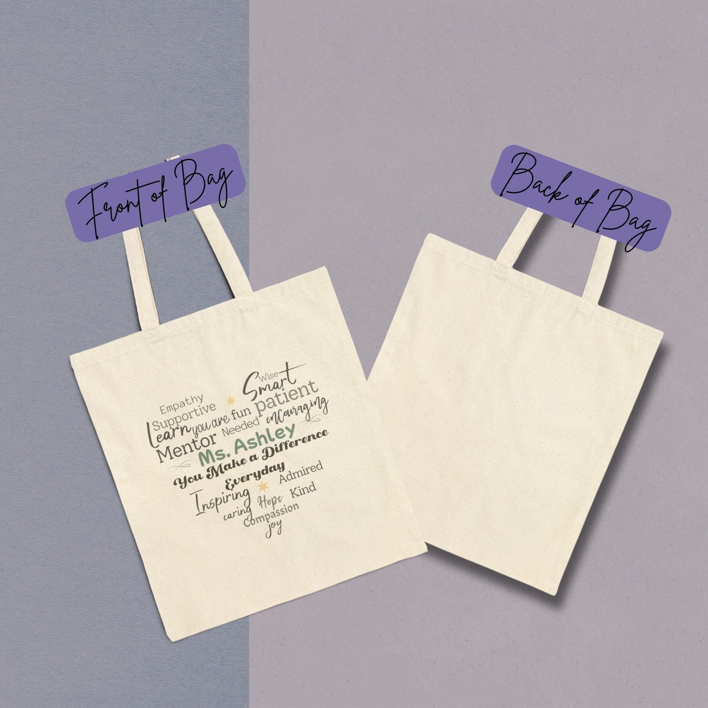 Personalized cotton canvas tote bag shown front and back, with the customizable word-art design and customer’s chosen name printed on the front and a blank back for a clean, minimal look.