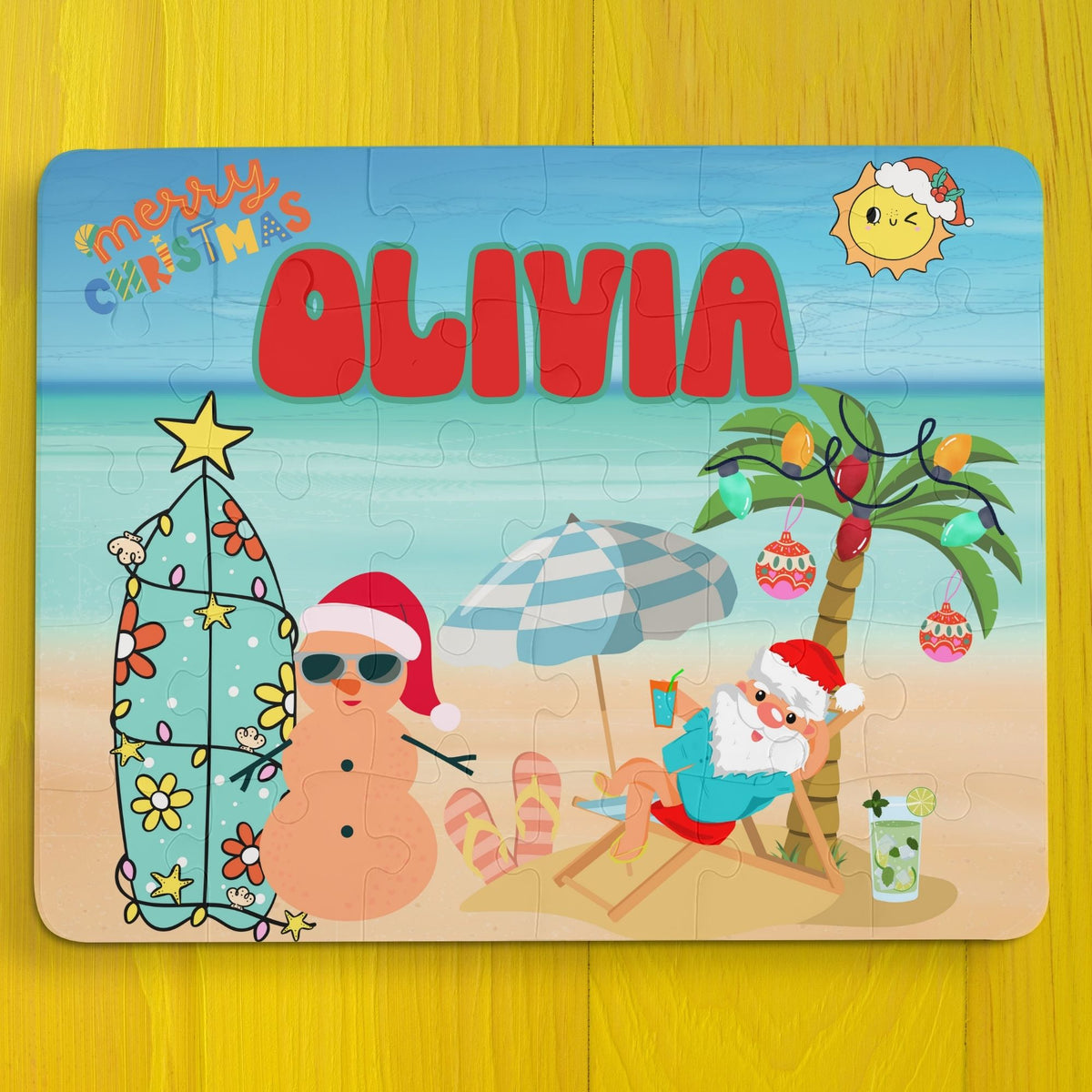 Personalized beach Christmas kids puzzle featuring a Santa relaxing at the beach with palm trees, holiday decorations, and a festive seaside scene. The puzzle includes a customizable name printed prominently across the top and is a 30-piece jigsaw designed for children.