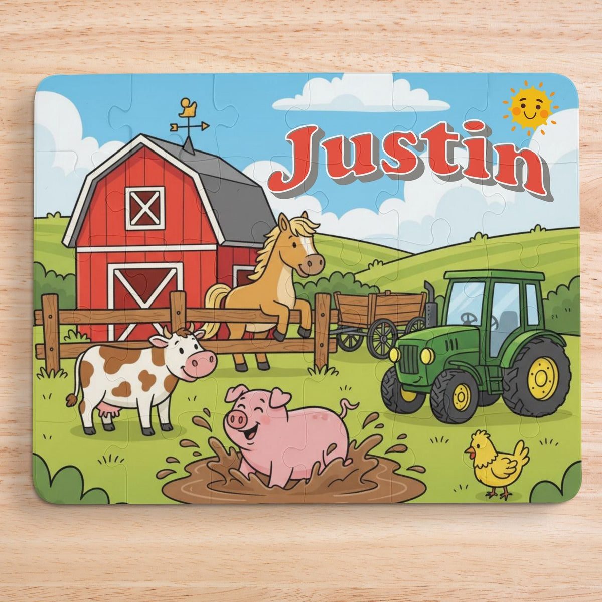 Personalized kids farm jigsaw puzzle featuring a barnyard scene with a red barn, tractor, cow, horse, pig, and chicken. A customizable child’s name appears across the top of the puzzle.