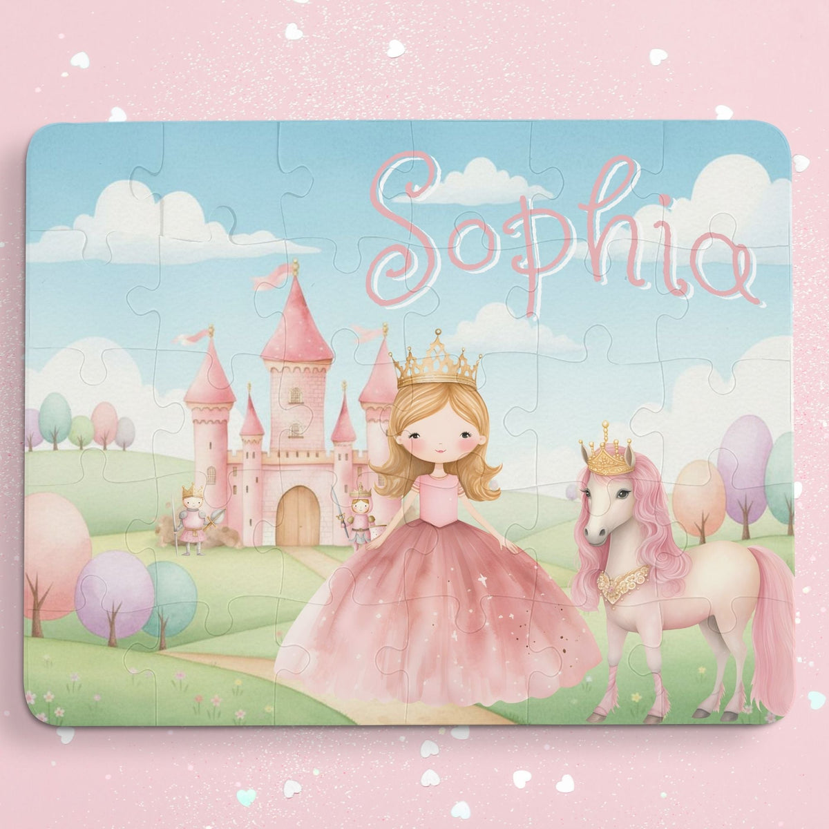 Personalized princess castle jigsaw puzzle with a customizable name printed across the top, featuring a princess character, pink castle, and unicorn in a pastel storybook scene