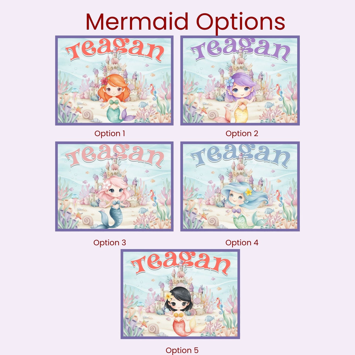 Option 1:
Red-haired mermaid option for personalized kids puzzle, teal tail, underwater castle scene
Option 2:
Purple-haired mermaid option for custom name puzzle, golden tail, pastel ocean scene
Option 3:
Pink-haired mermaid option for personalized under the sea puzzle, blue tail
Option 4:
Light blue-haired mermaid option for custom kids jigsaw puzzle, green tail
Option 5:
Black-haired mermaid option for personalized puzzle, coral-orange tail