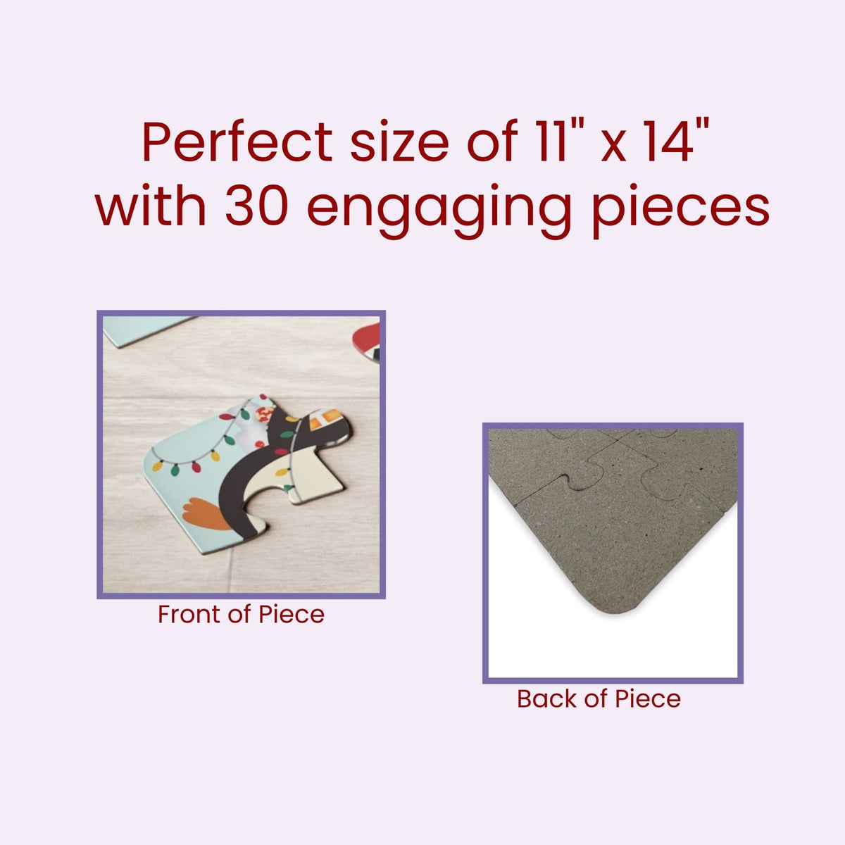 Close-up graphic showing the front and back of a jigsaw puzzle piece, highlighting printed artwork on the front and plain chipboard backing, with text indicating puzzle size and piece count.