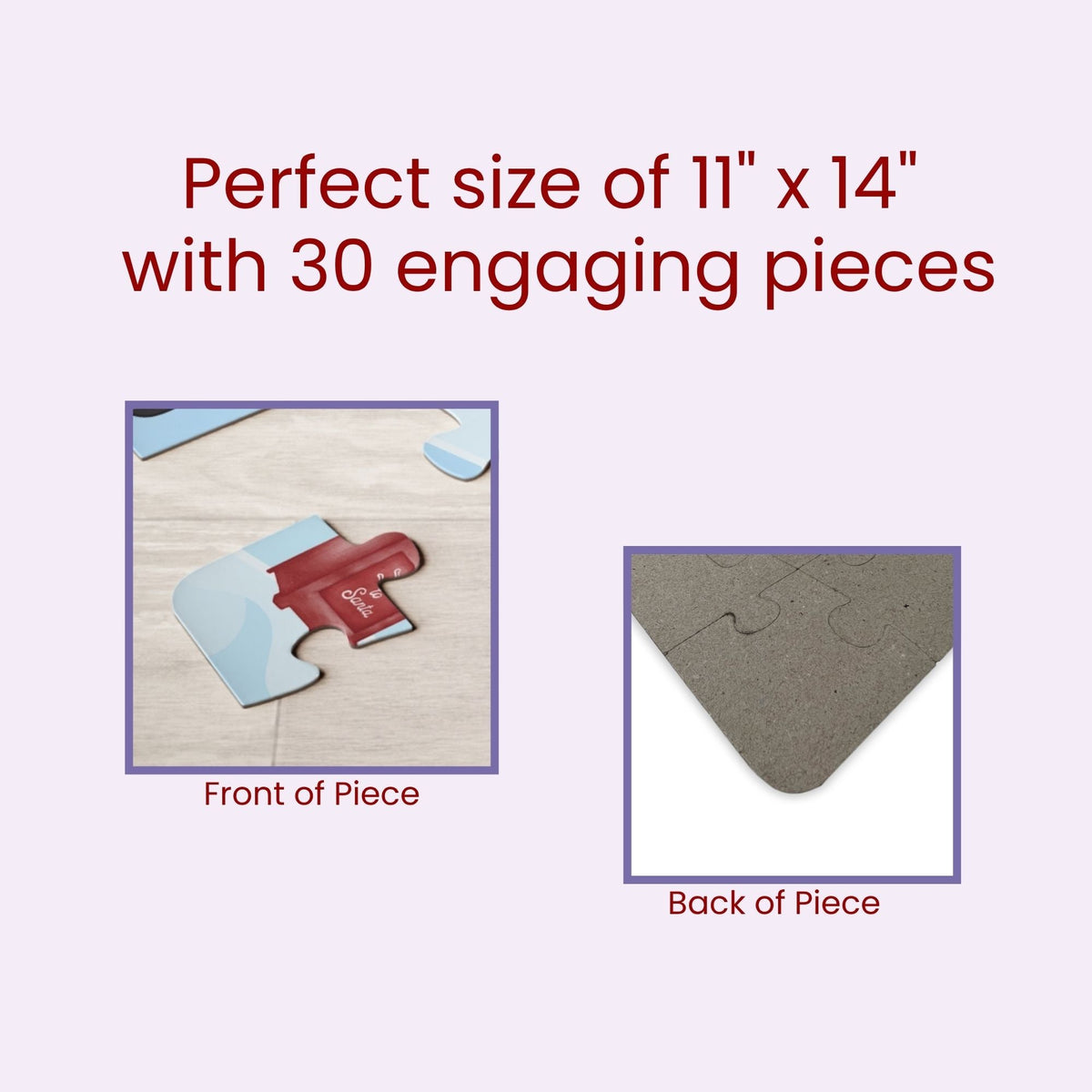 Close-up graphic showing the front and back of a jigsaw puzzle piece, highlighting printed artwork on the front and plain chipboard backing, with text indicating puzzle size and piece count.