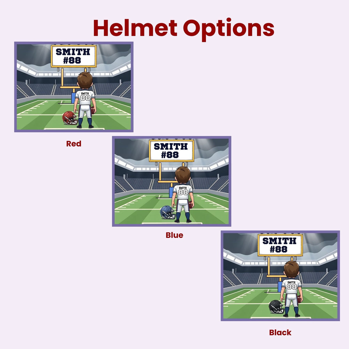 Helmet color options for the personalized football jigsaw puzzle, showing different helmet styles while keeping the customizable name on the scoreboard and number on the jersey.