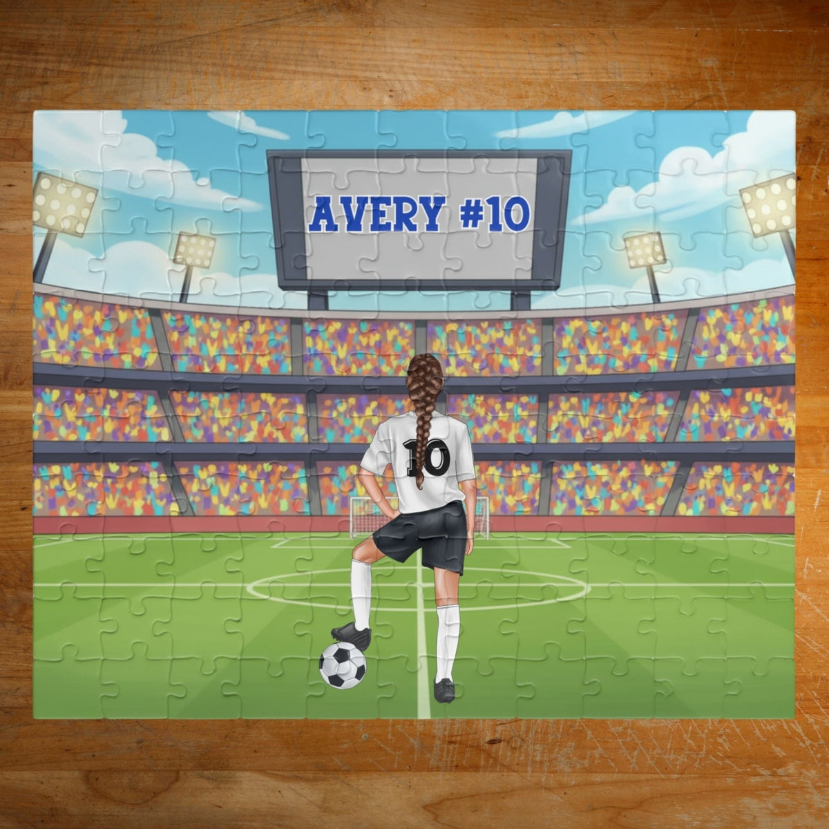 Personalized girls soccer jigsaw puzzle showing a player standing on a soccer field in a stadium, with a customizable name displayed on the scoreboard above and a customizable number on the back of the jersey. Hair color and player style can be selected.