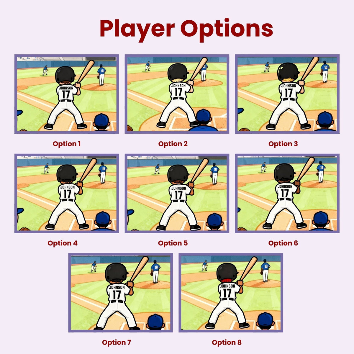 Player customization options for a personalized baseball puzzle, showing eight illustrated variations of the batter from behind. Each option features a different hair style and appearance, including variations in hair length, texture, and color, allowing customers to choose the character that best represents their child. The player wears a white uniform with a customizable last name and jersey number on the back.