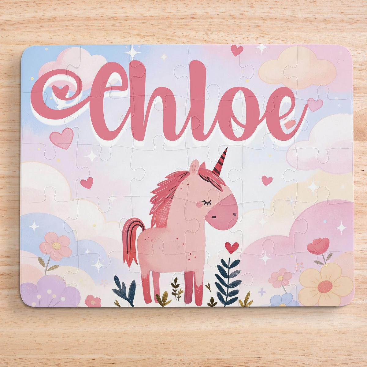 Personalized unicorn name puzzle for kids featuring a cute pink unicorn surrounded by hearts, flowers, and soft pastel clouds. The child’s name is customizable and appears large across the top of the puzzle (shown as “Chloe”), making this a custom 30-piece jigsaw designed for toddlers and young children.