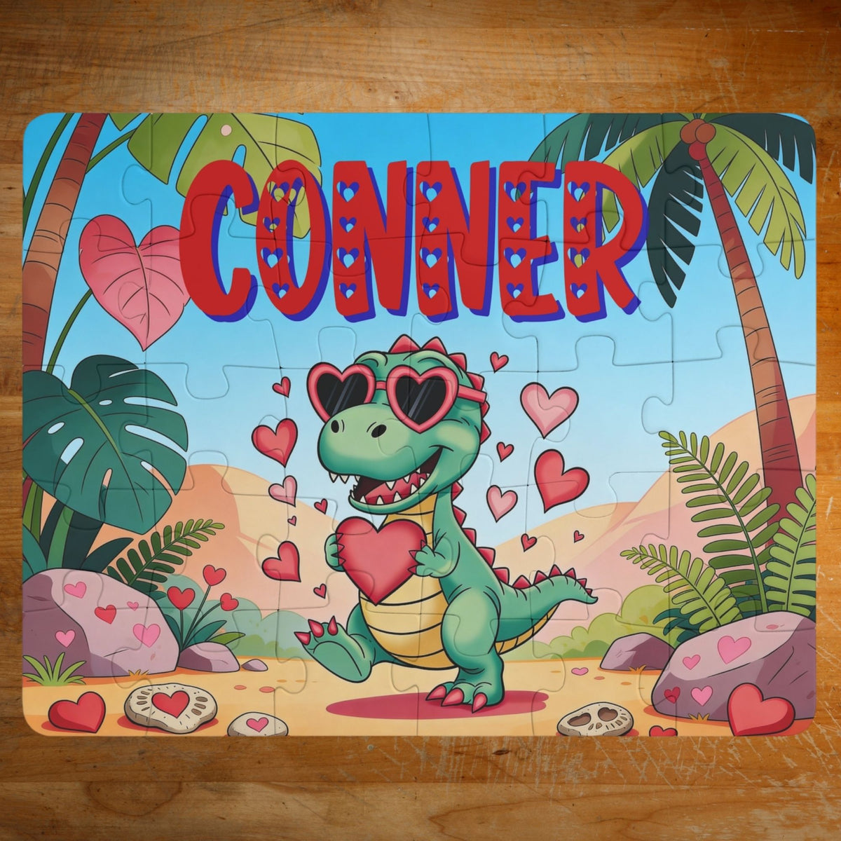 Personalized Valentine dinosaur name puzzle for kids featuring a cute green dino holding a heart, surrounded by floating hearts in a tropical scene. The child’s name is customizable and appears large across the top of the puzzle (shown as “Conner”), making this a custom 30-piece jigsaw designed for toddlers and young children.