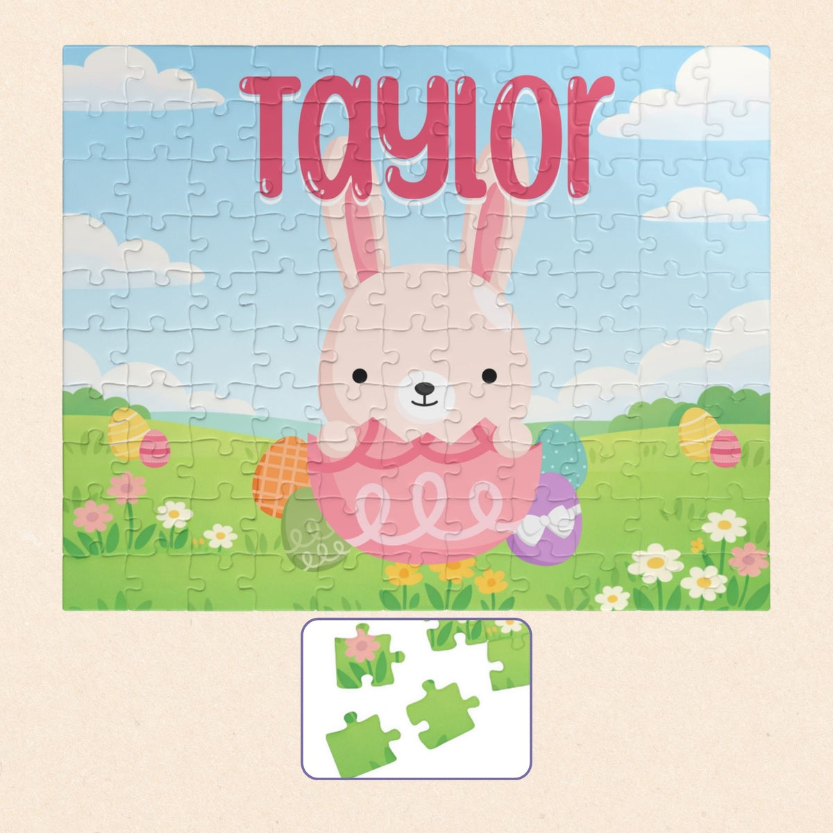 Fully assembled personalized Easter bunny jigsaw puzzle featuring a cheerful bunny sitting in a decorated egg within a spring meadow scene, with a customizable name printed across the top of the puzzle.