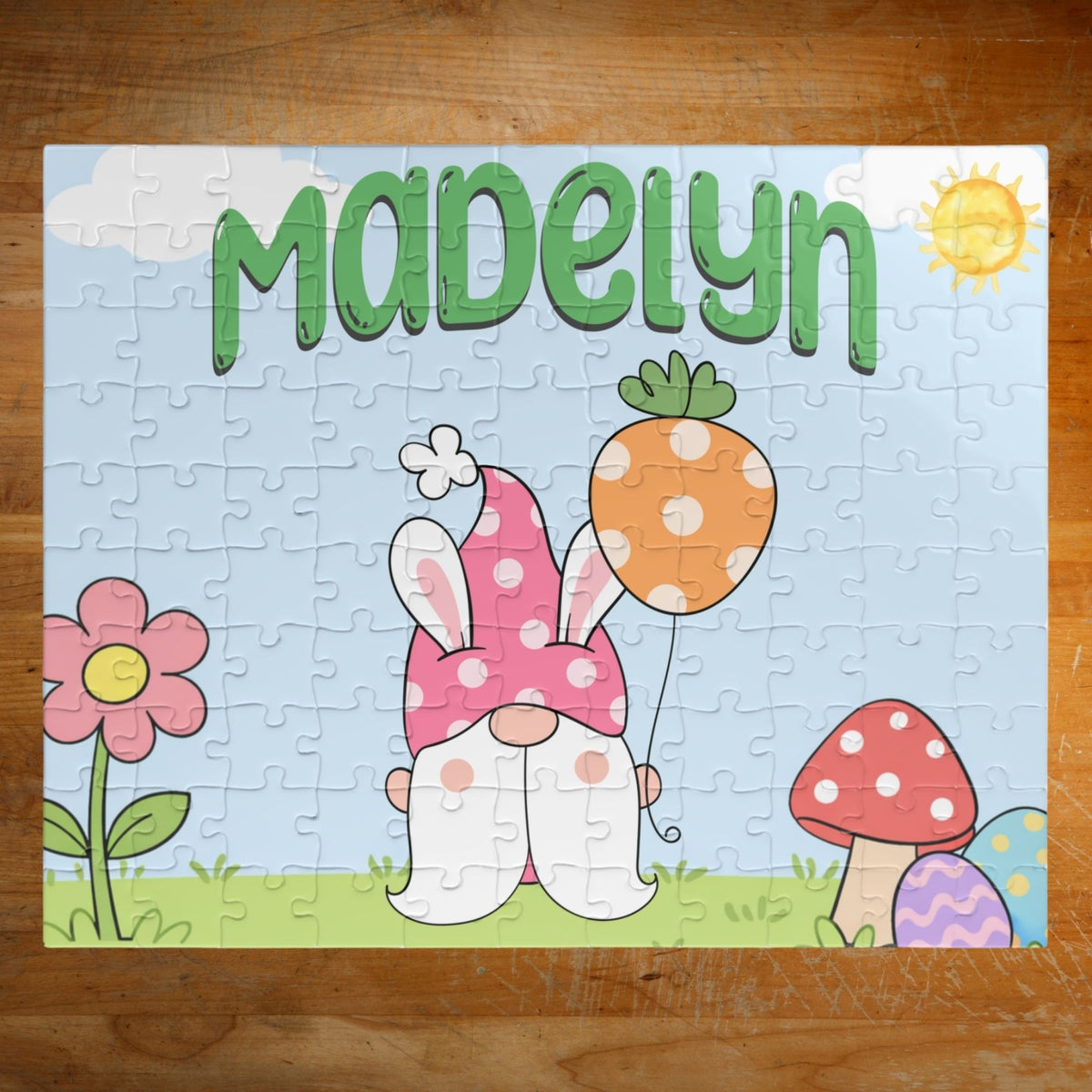 Personalized Easter gnome name puzzle shown as a 110-piece jigsaw with spring gnome artwork, flowers, mushrooms, and pastel details. Custom name appears at the top with selectable font color options.
