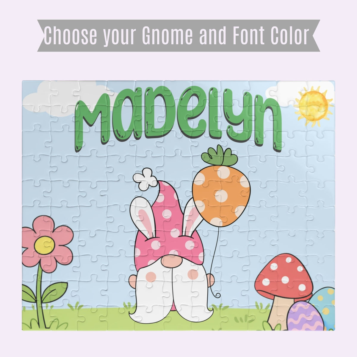 Personalization preview image for an Easter gnome jigsaw puzzle showing selectable gnome designs and font color options, with a customizable name displayed across the top of the puzzle.