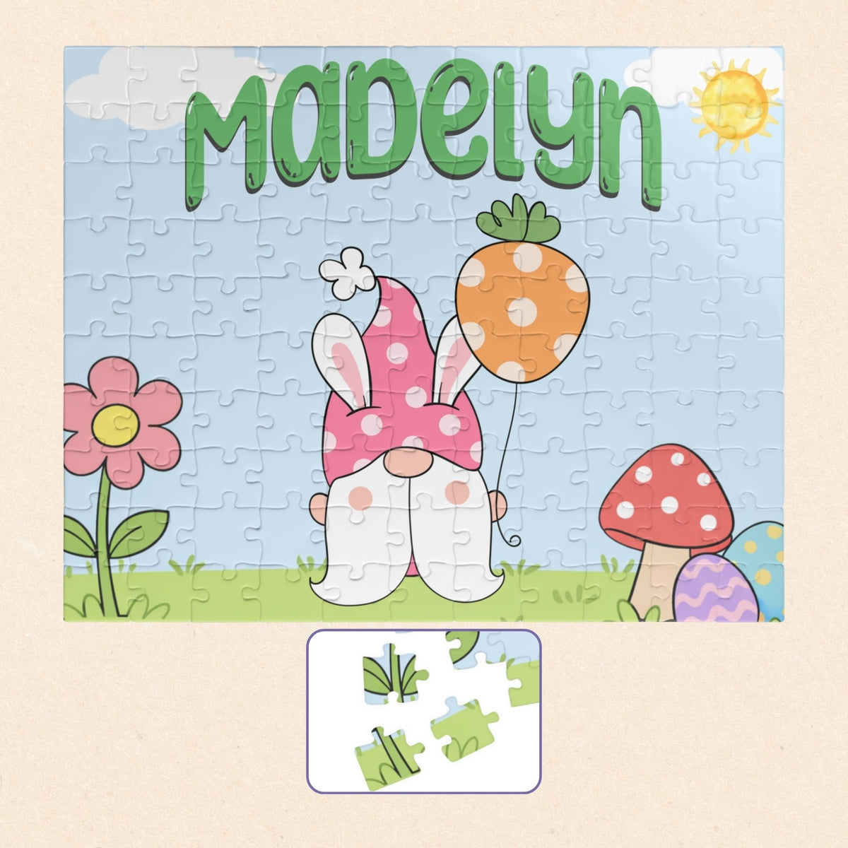 Personalized Easter gnome name puzzle shown as a 110-piece jigsaw with spring gnome artwork, flowers, mushrooms, and pastel details. Custom name appears at the top with selectable font color options.