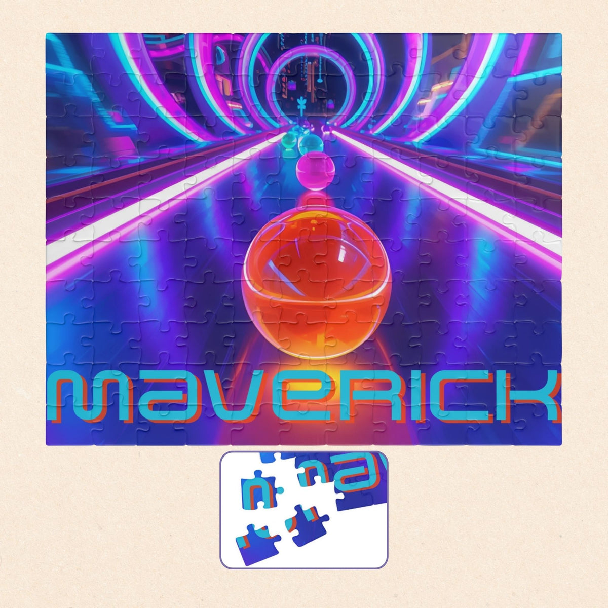 Personalized neon marble race 110-piece jigsaw puzzle featuring glowing tunnels and colorful marbles racing forward. The customizable name appears across the bottom of the puzzle design.