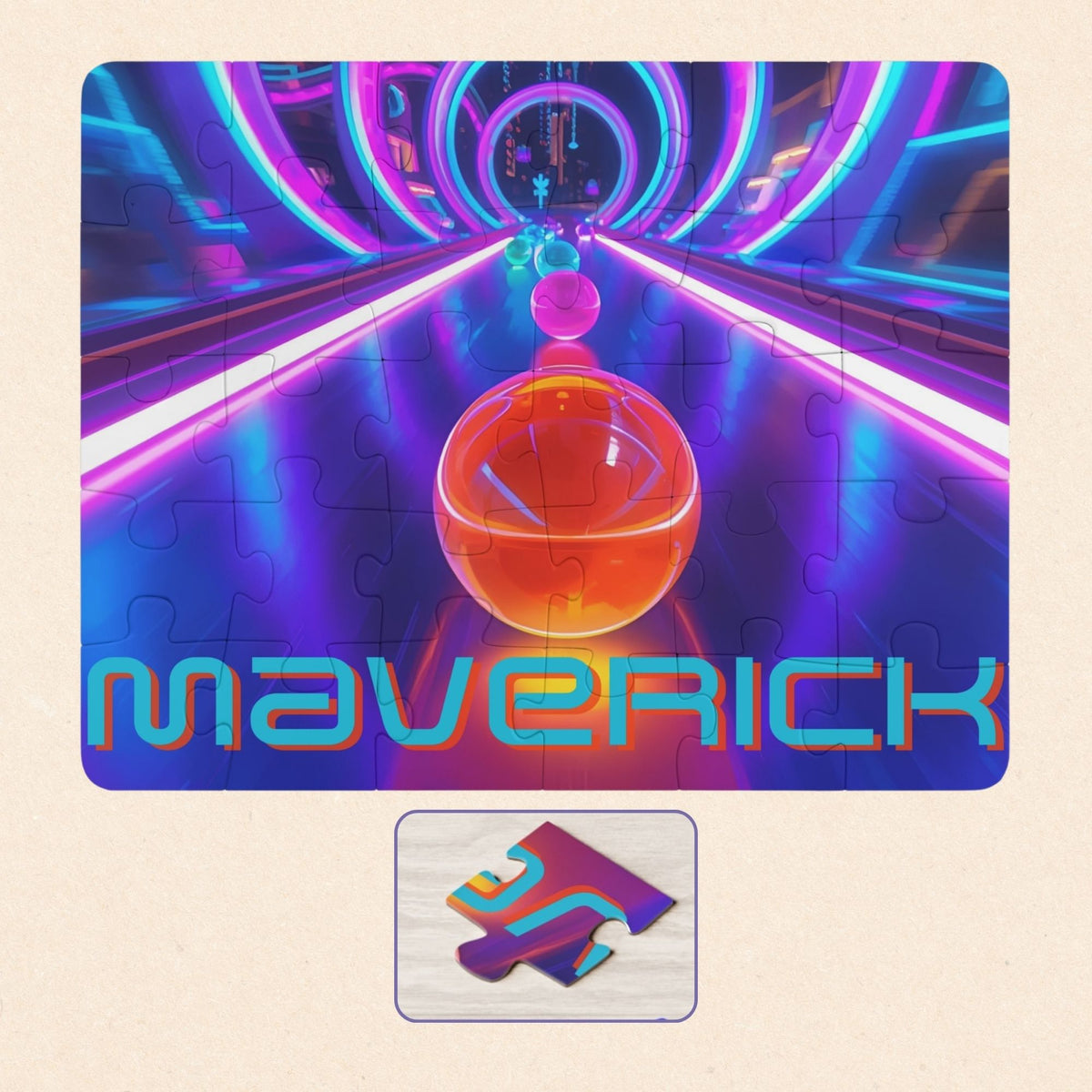 Personalized neon marble race 30-piece jigsaw puzzle featuring vibrant neon tunnels and racing marbles. The custom name is printed across the bottom of the puzzle. Designed with large pieces for children.