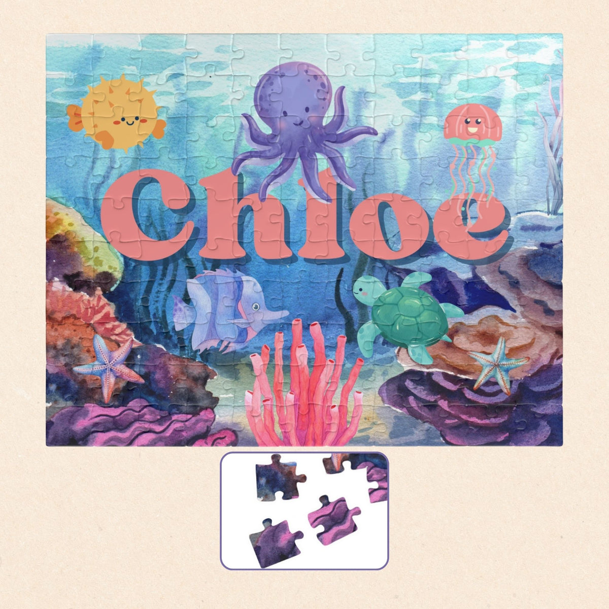 Personalized ocean-themed 110-piece jigsaw puzzle featuring a colorful underwater scene with sea animals, coral, and fish. A customizable child’s name appears prominently across the center of the puzzle design.