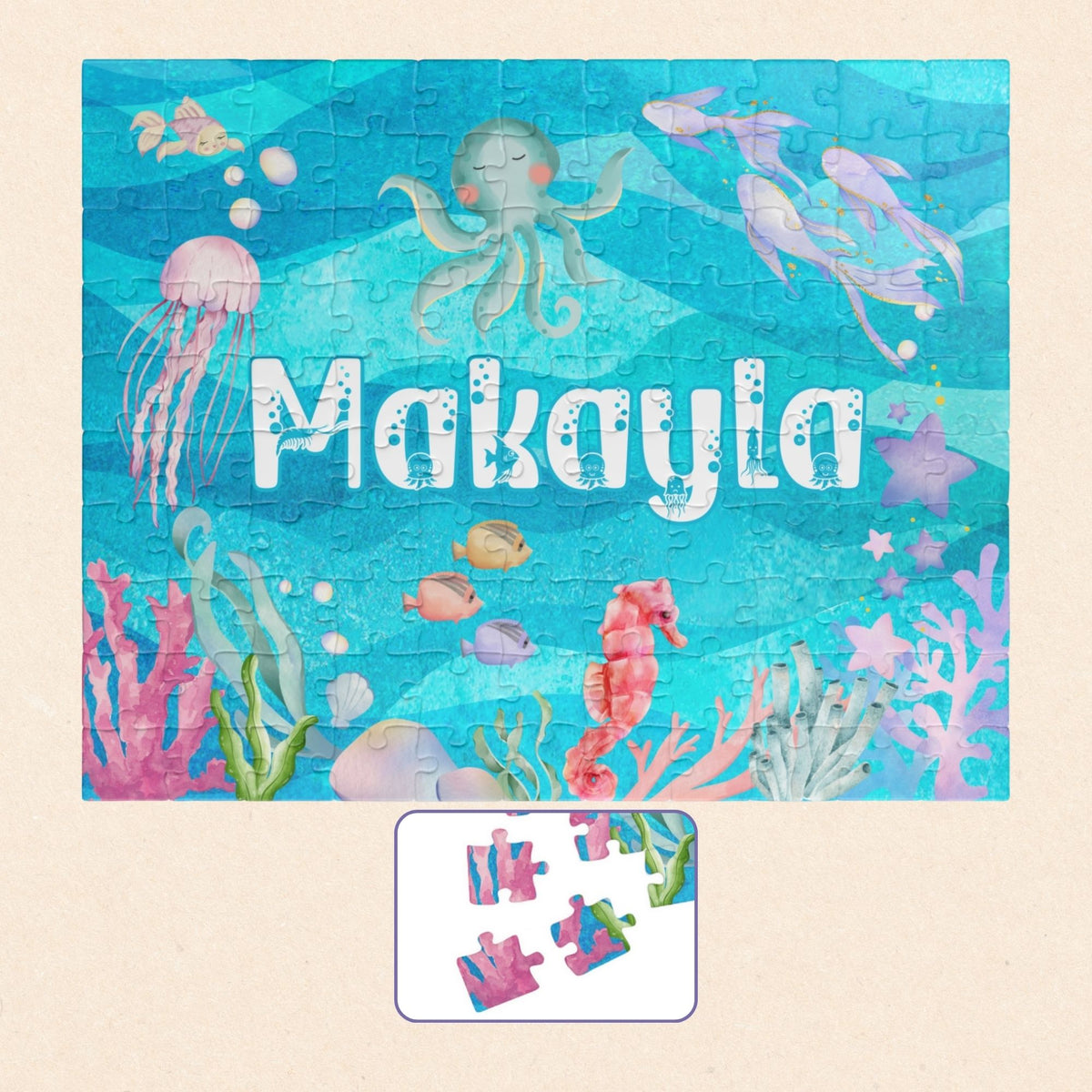 Personalized 110 piece ocean themed jigsaw puzzle featuring a customizable name centered in an underwater scene with sea animals, coral, and bubbles