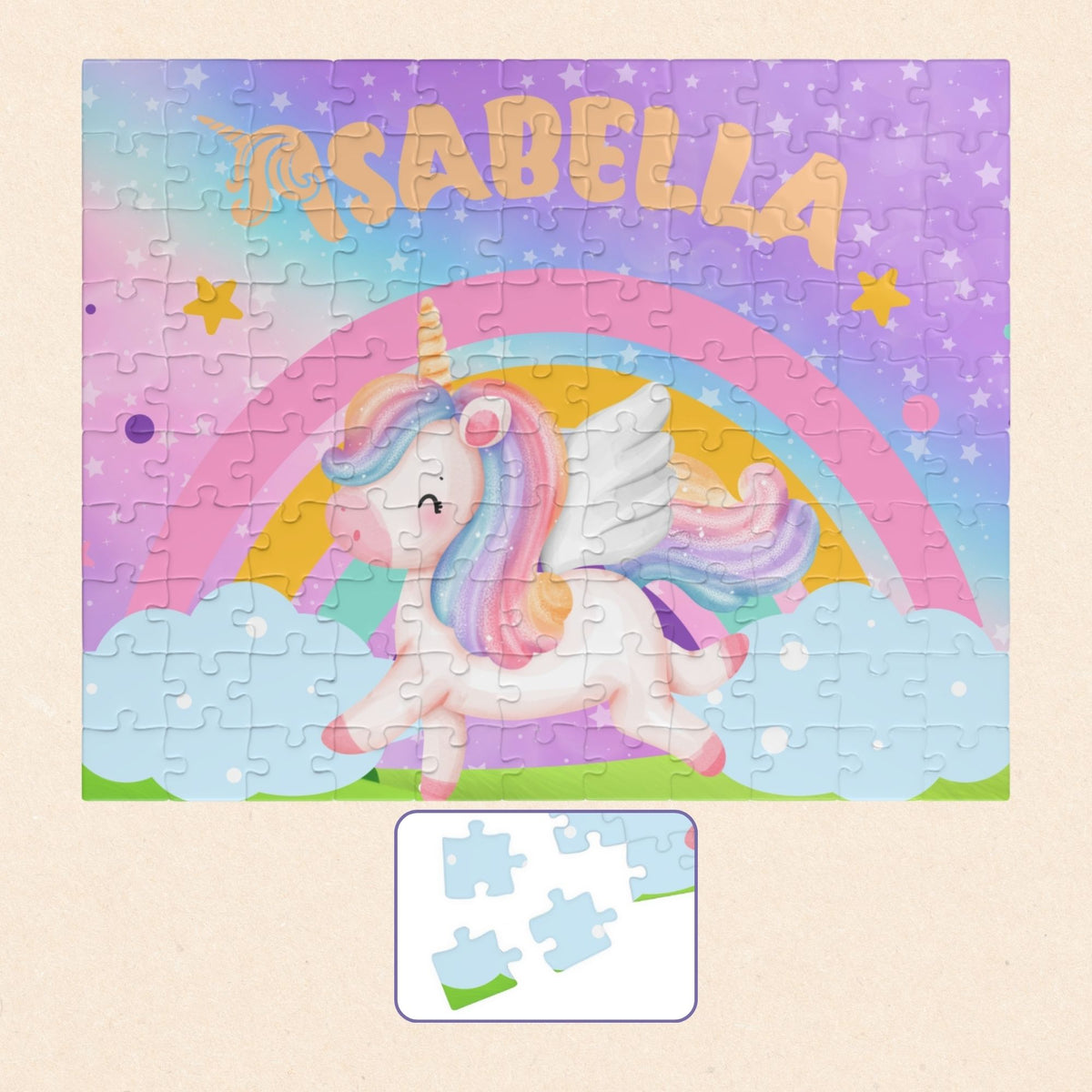 Personalized unicorn puzzle with a customizable child’s name displayed across a rainbow sky