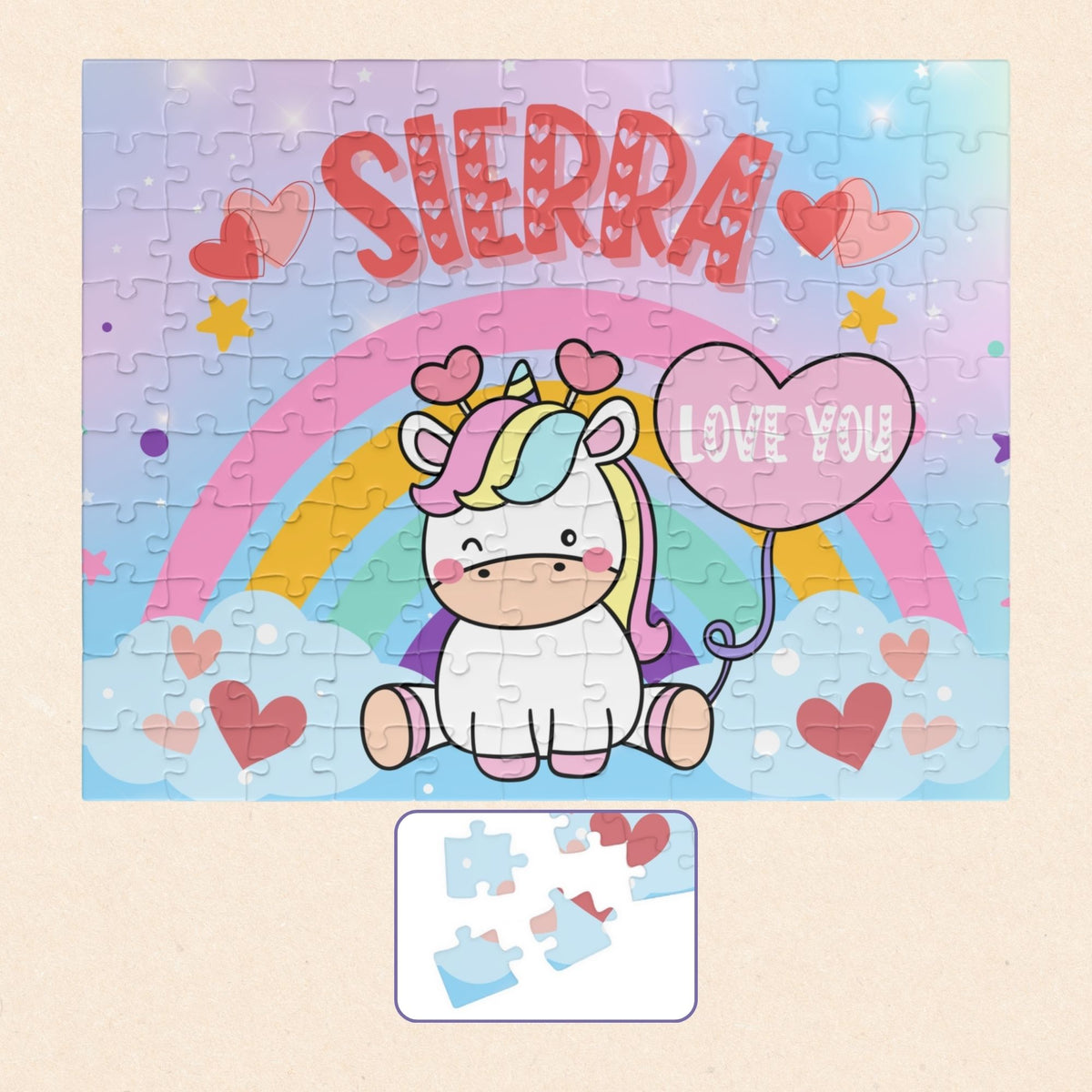 Personalized 110-piece unicorn rainbow puzzle with rainbow arch, heart balloon, pastel sky, and customizable child’s name prominently displayed.