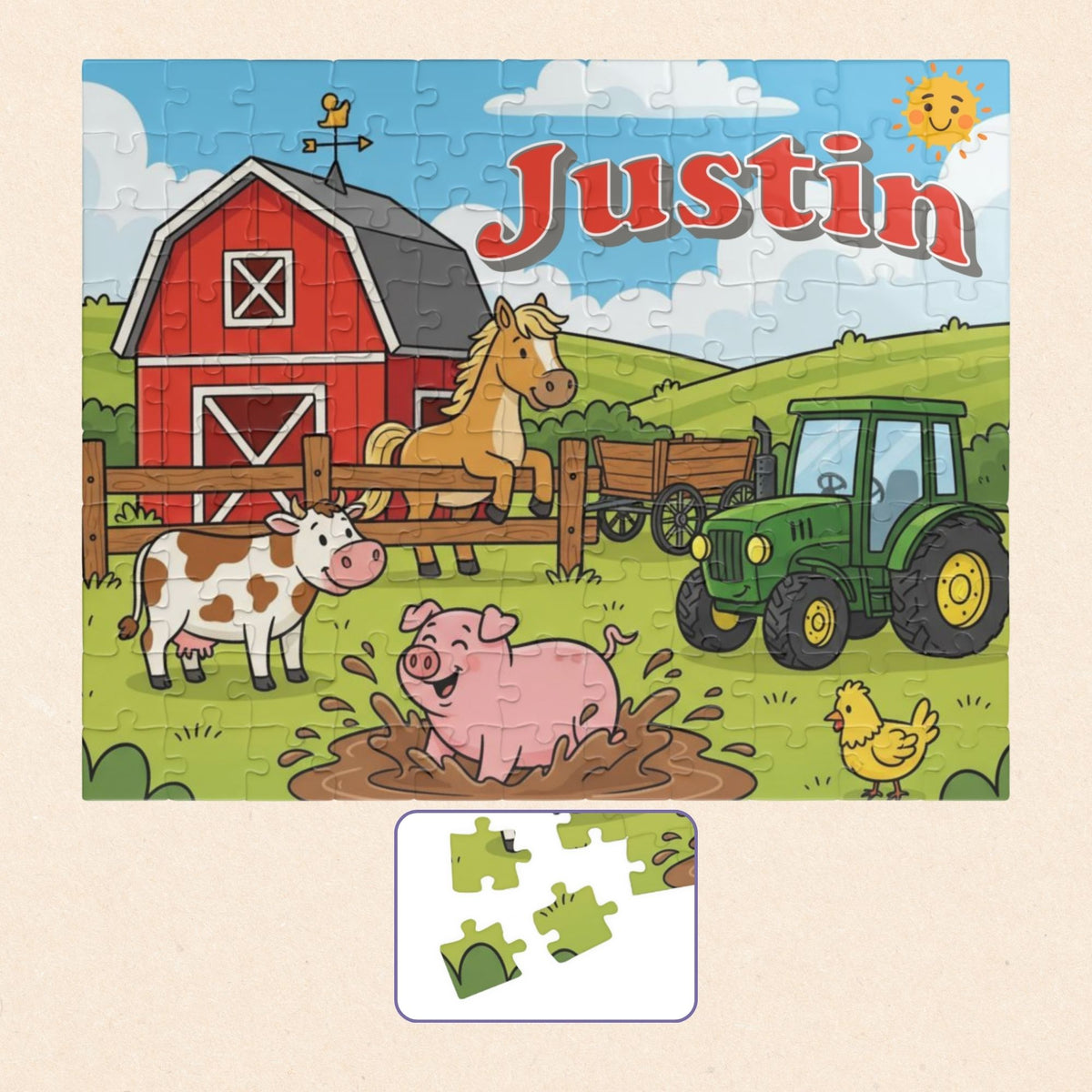 Completed personalized farm animals puzzle featuring a red barn, green tractor, pig in mud, cow, horse, chicken, sunny sky, and a customizable child name displayed across the top.