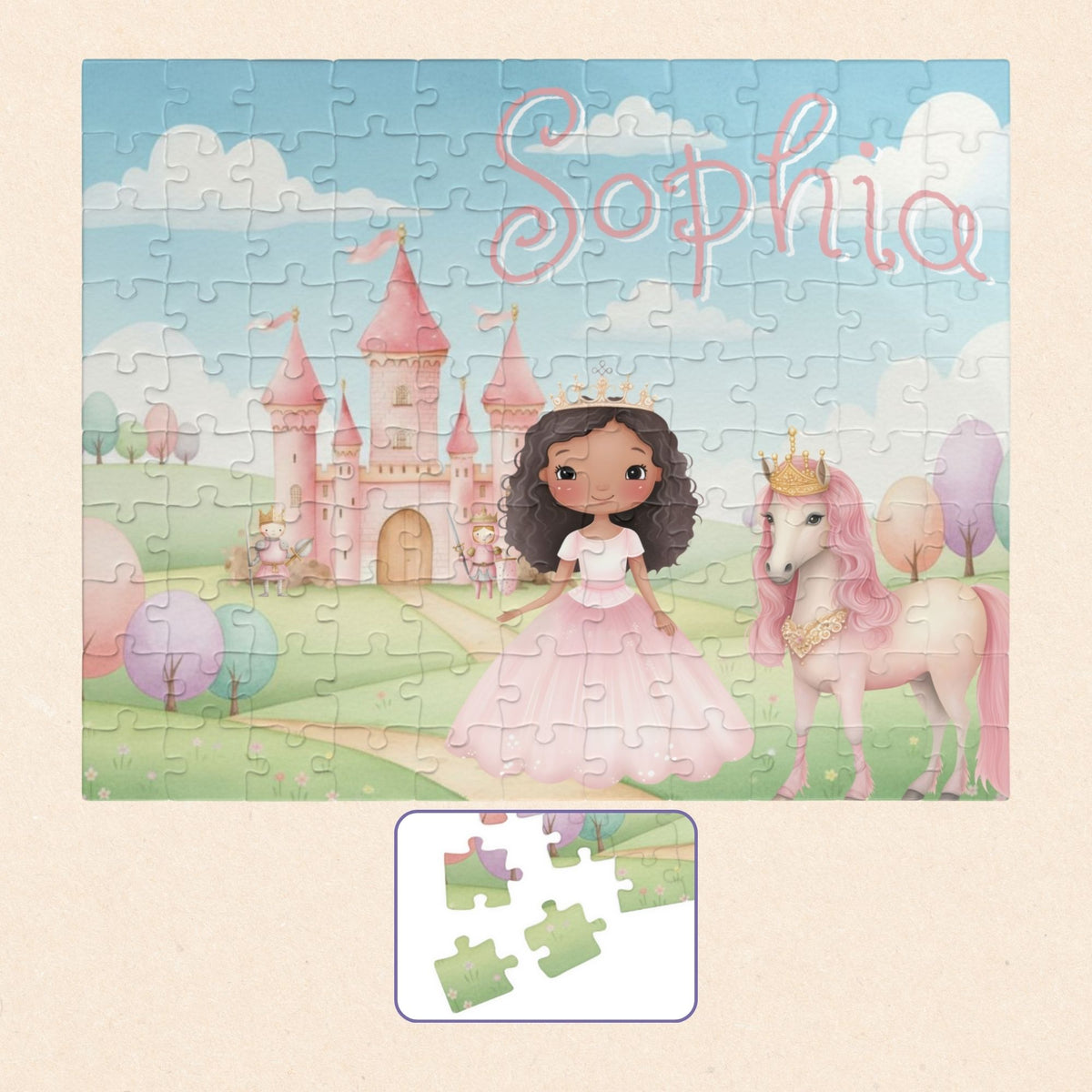 Completed personalized princess puzzle featuring a pastel castle scene, princess character, horse, rolling hills, and a customizable child’s name displayed prominently across the top