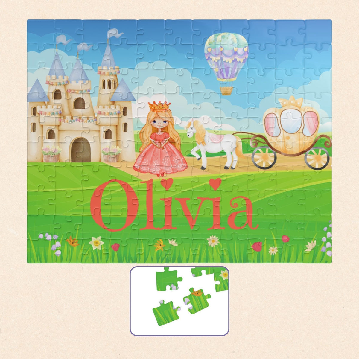 Completed personalized princess puzzle featuring a fairytale castle, princess character, horse, royal carriage, hot air balloon, bright sky, and a customizable child’s name across the grass.