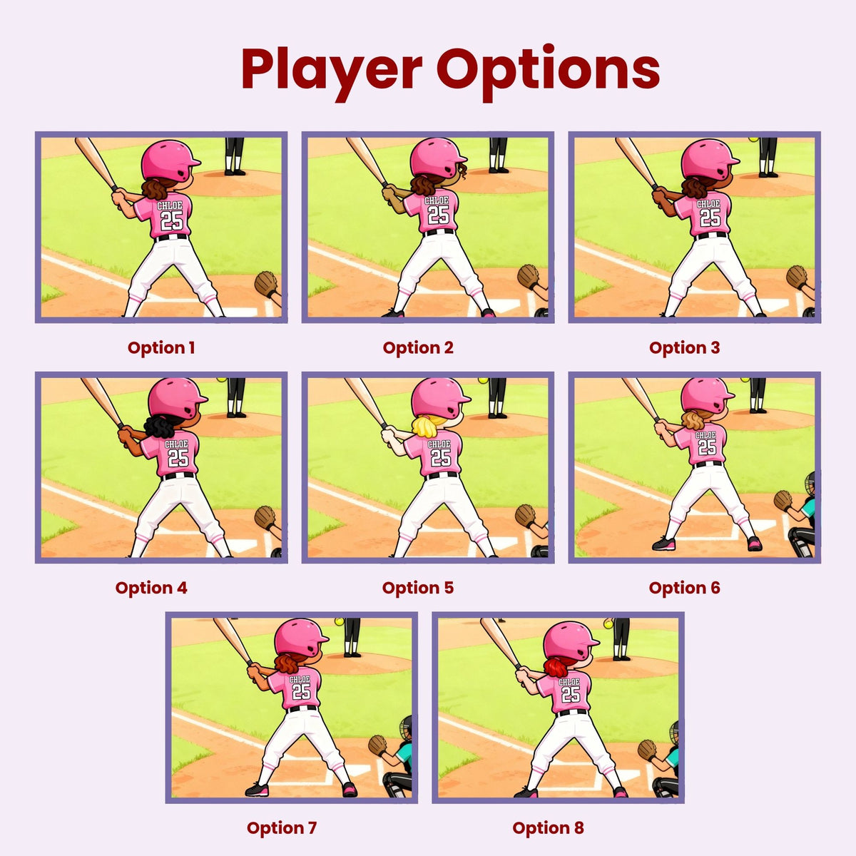 Player options chart showing 8 softball player variations with different skin tones and hair colors, allowing customers to choose the player design for a personalized puzzle.