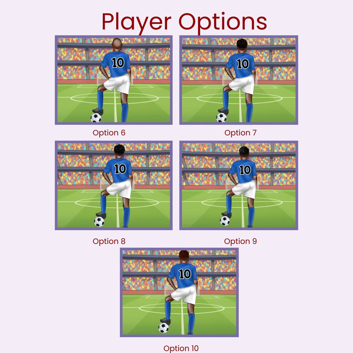 Player style options for a personalized boys soccer jigsaw puzzle, showing different hair styles and skin tones, with a customizable name on the scoreboard and a customizable number on the jersey.
