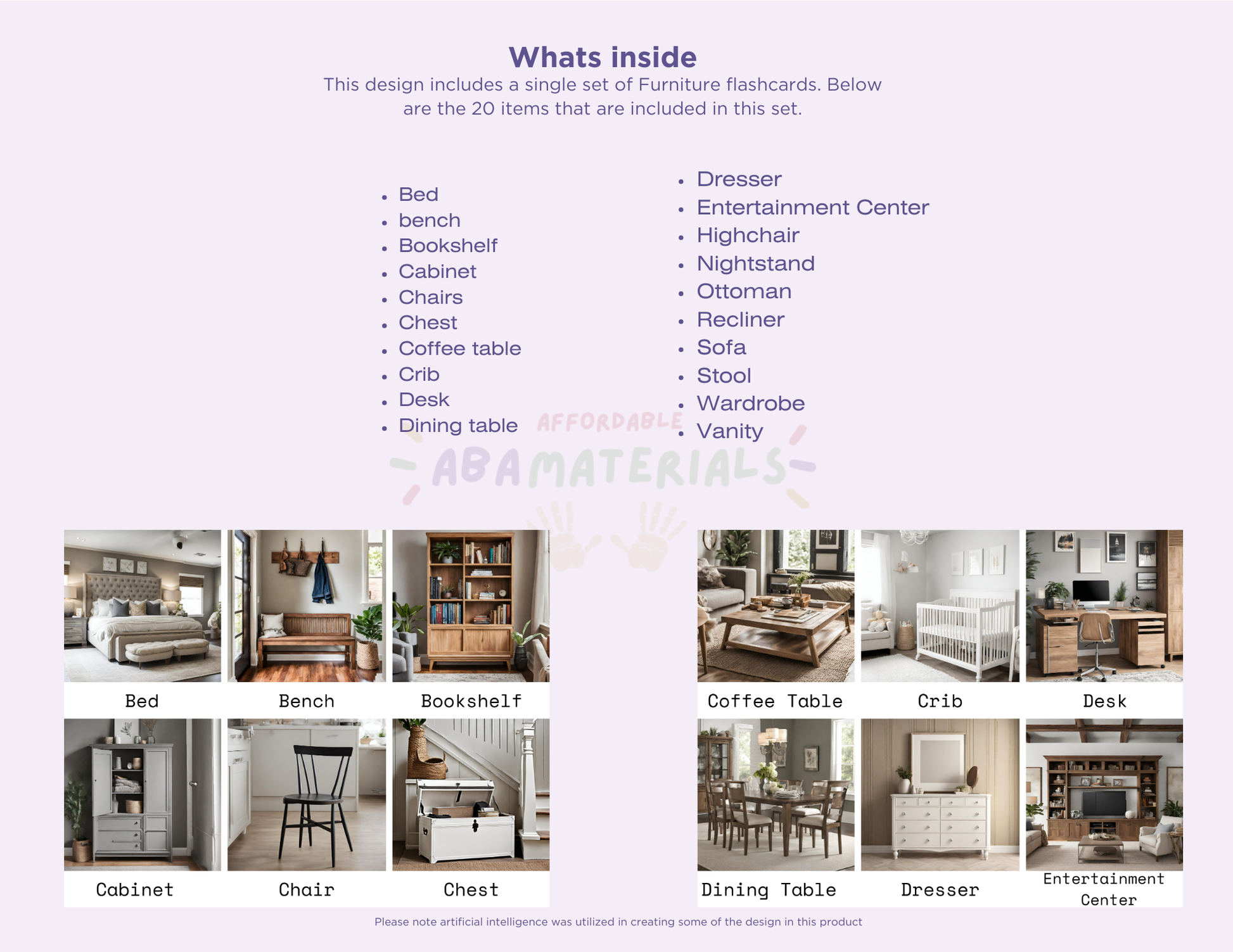 Household Furniture Flashcards-20 Printable Picture and Word Flash Card Set Affordable ABA Materials