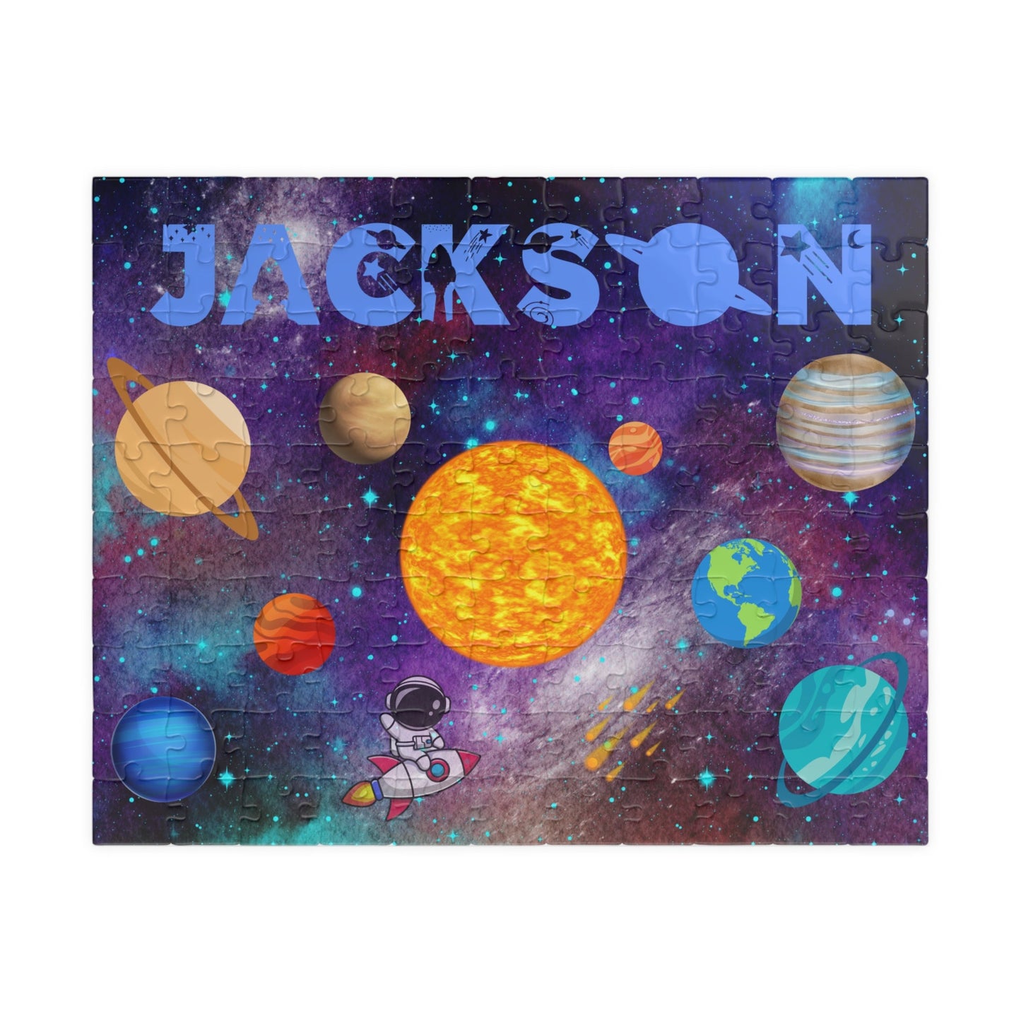 Personalized 110-piece space puzzle for kids featuring a colorful solar system scene with planets, stars, and a cartoon astronaut, customized with the child’s name at the top