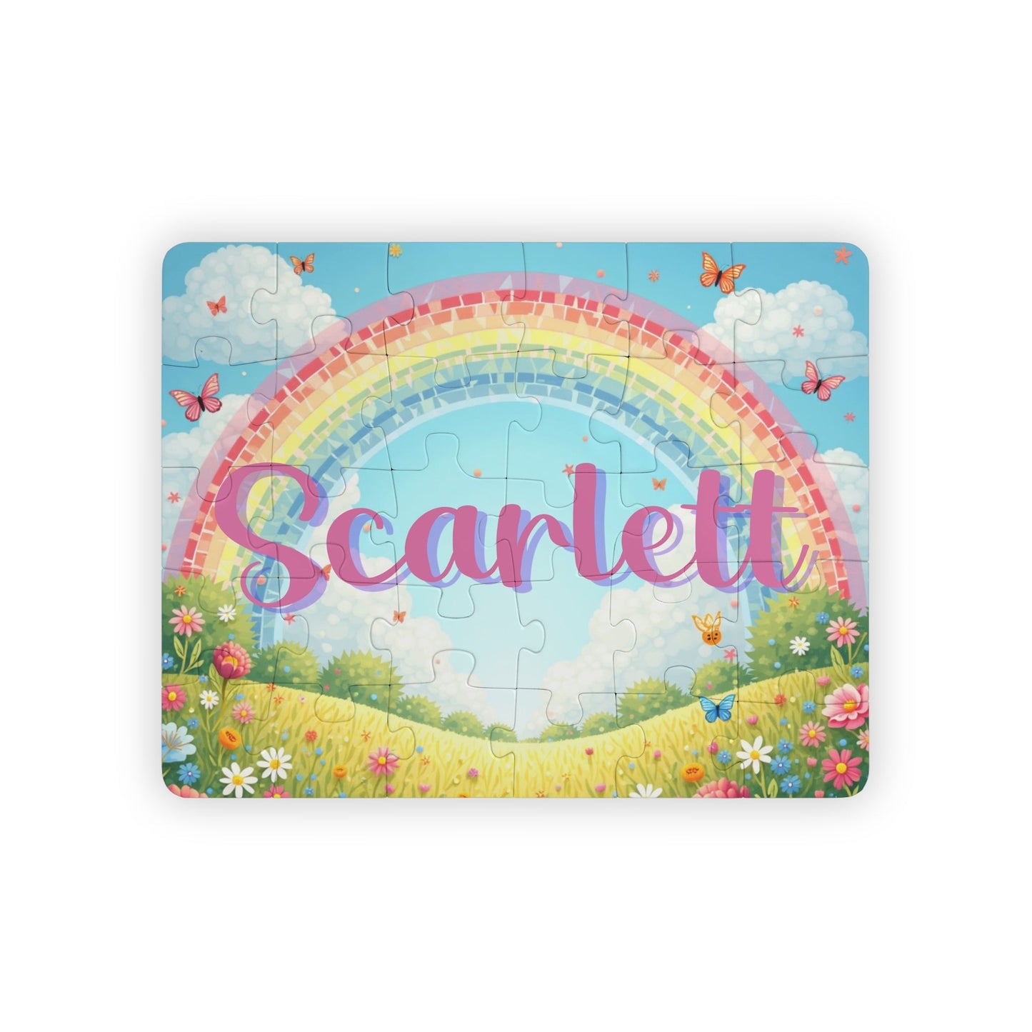 Personalized kids name puzzle featuring a colorful butterfly and rainbow design, with a customizable name displayed across the center of a 30-piece jigsaw puzzle.