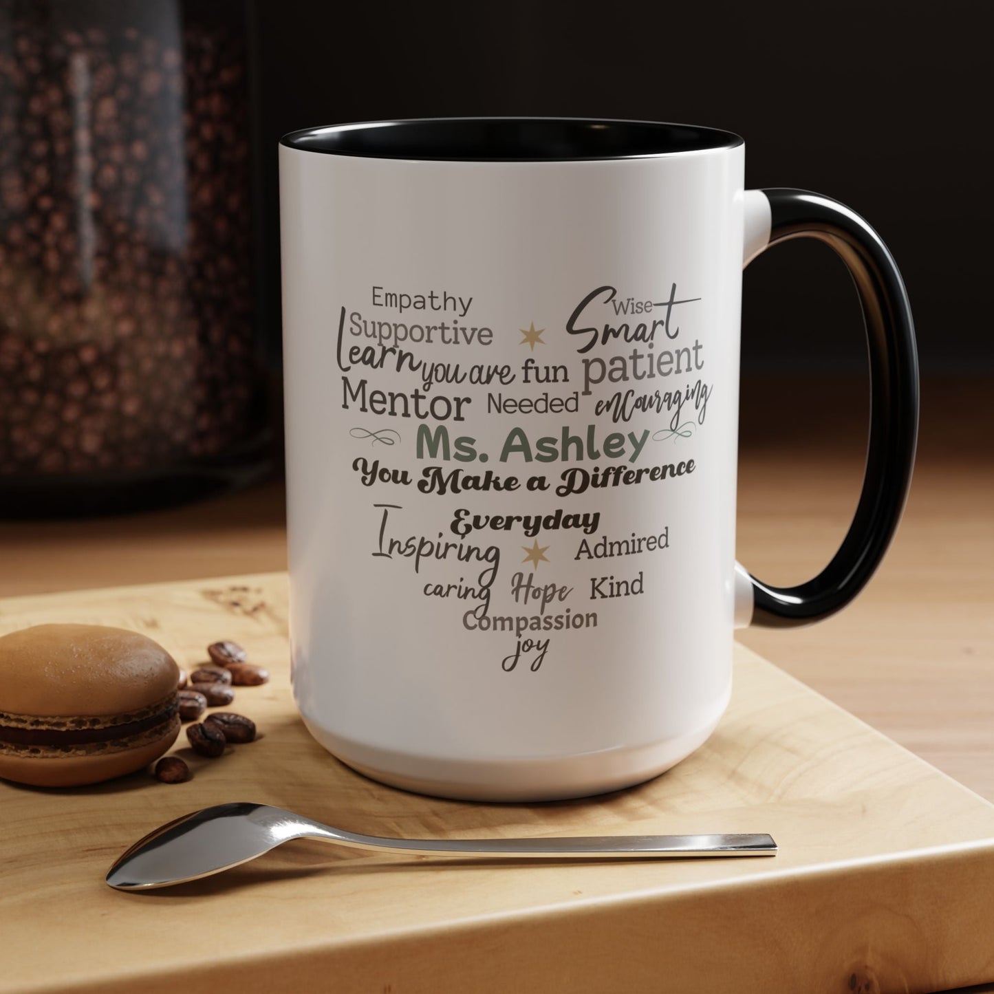 Personalized Heart Word Cloud Accent Mug – Custom Name Gift for Teachers, Therapists & Mentors, Black Handle, 11oz & 15oz Printify
