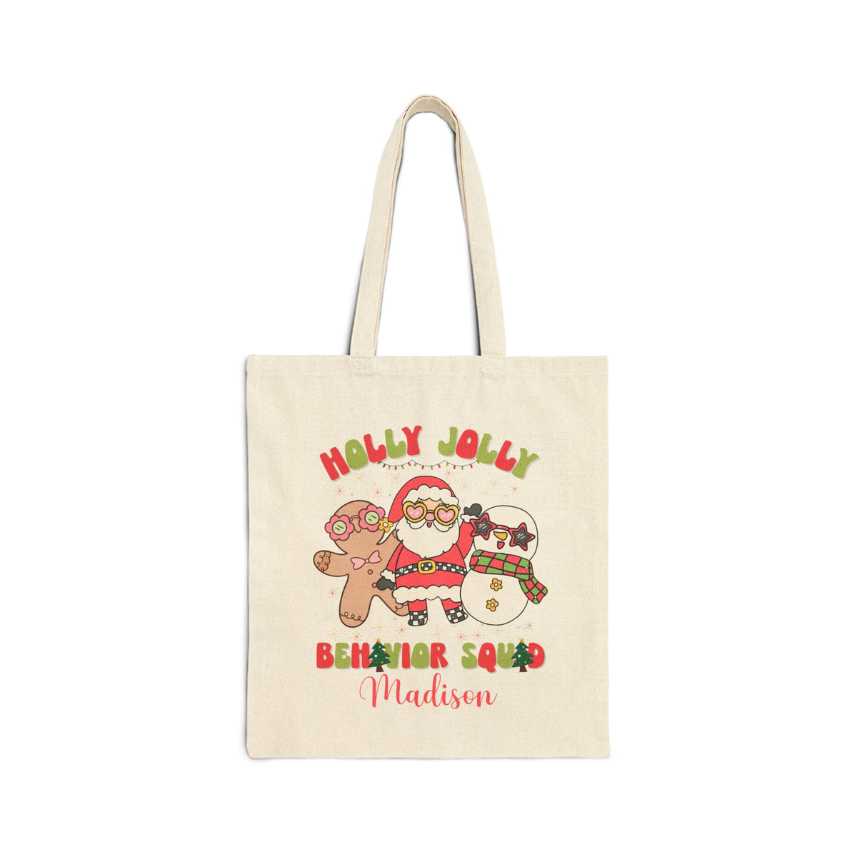 Personalized cotton canvas tote bag on a white background, featuring a festive holiday character design with a customizable name printed beneath the design on the front of the bag.