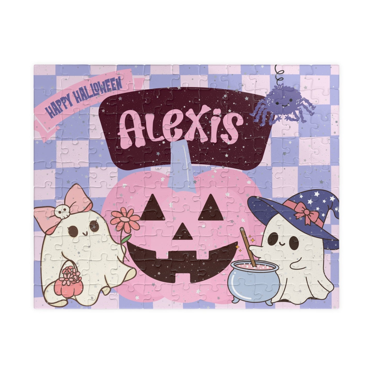 Personalized Halloween jigsaw puzzle featuring friendly ghost characters and a pumpkin scene in pastel colors, with a customizable child’s name displayed across the top of the puzzle design, 110-piece format.