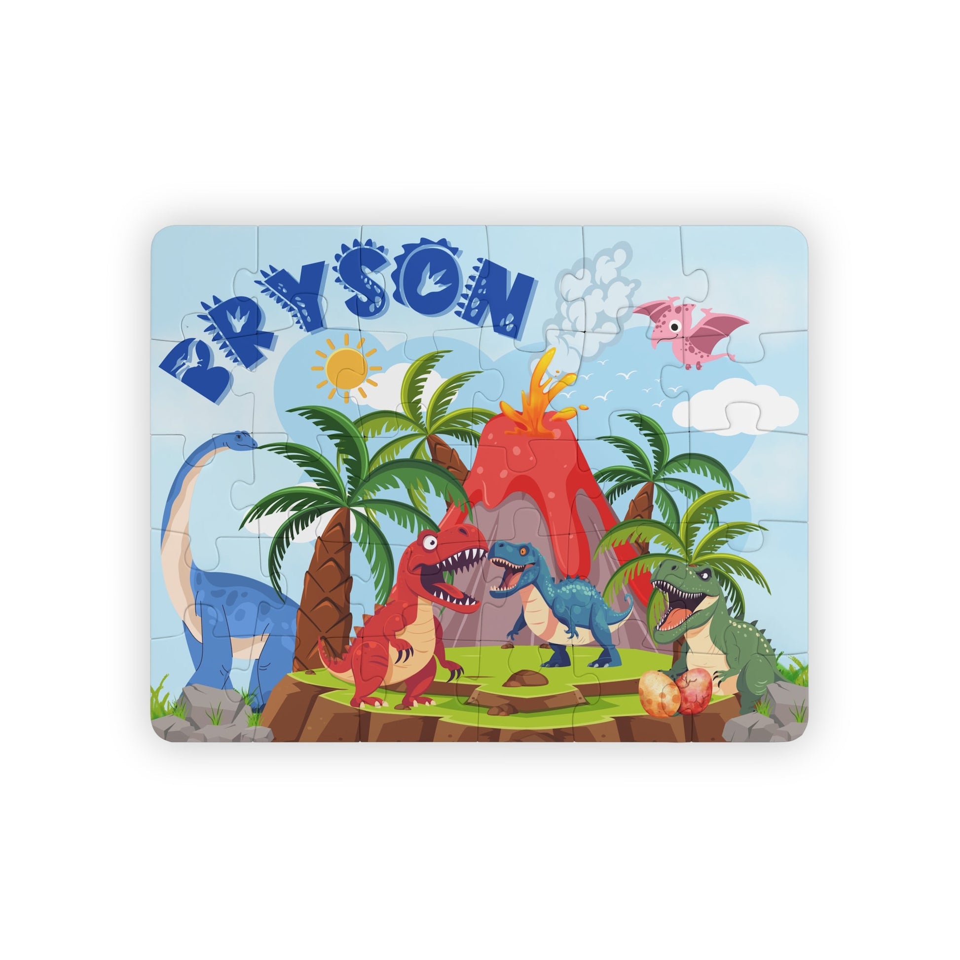 Personalized Dinosaur Jigsaw Puzzle – 30-Piece Jurassic Volcano Scene with T-Rex Printify