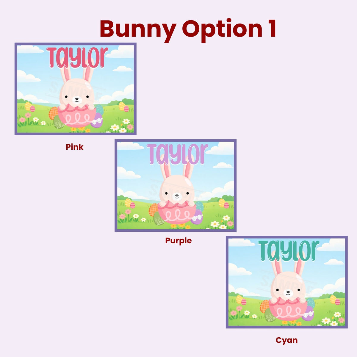 Preview image showing Bunny Option 1 design for a personalized Easter jigsaw puzzle, featuring a cute bunny holding a decorated egg in a spring meadow scene, with customizable name at the top and color options available.
