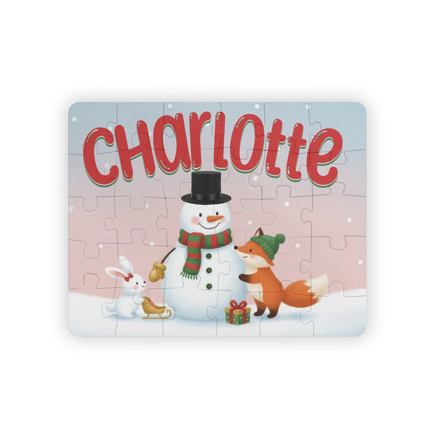 Personalized 30-piece kids puzzle featuring a winter snowman scene with a snowman, fox, and bunny, customized with the child’s name printed across the top of the puzzle.