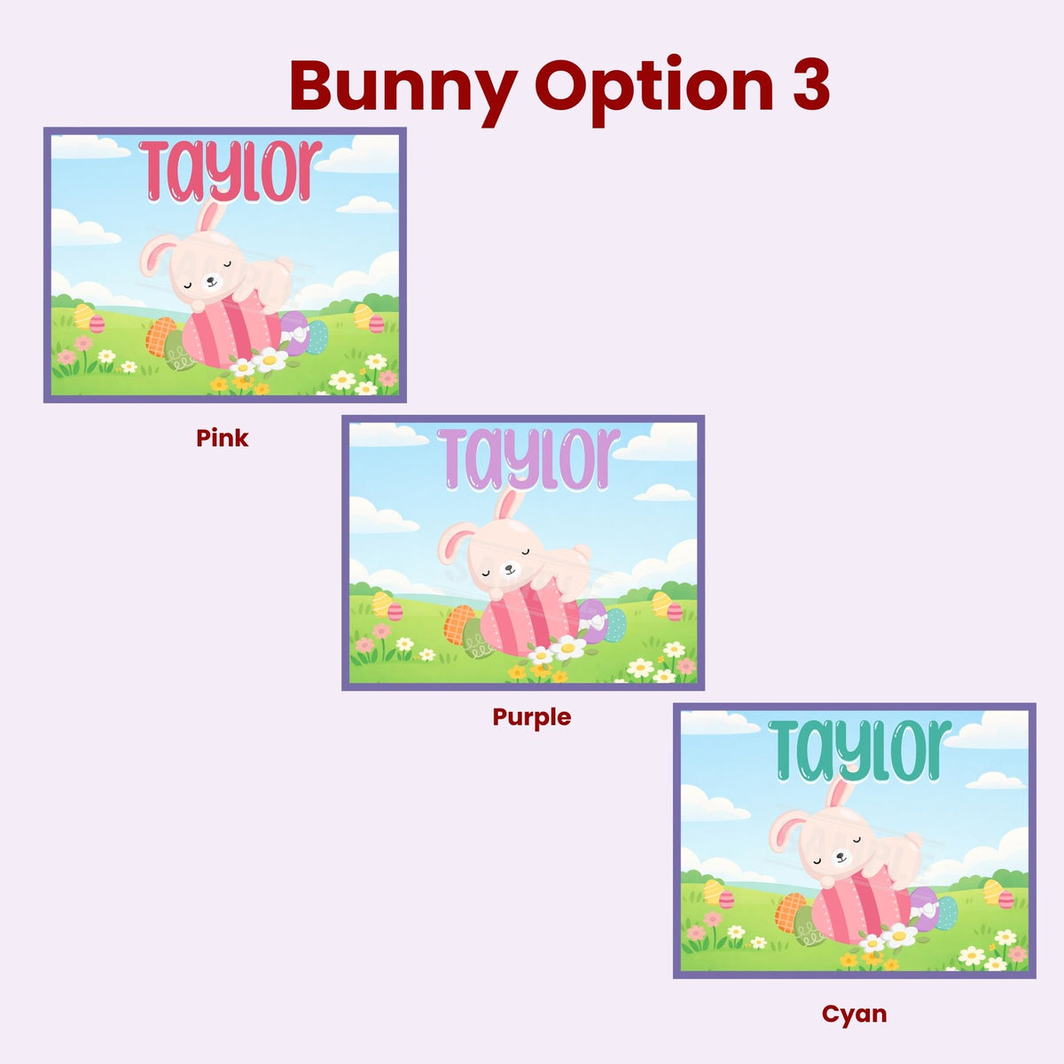Preview image showing Bunny Option 3 design for a personalized Easter jigsaw puzzle, featuring a playful bunny resting on a decorated egg in a spring landscape, with a customizable name at the top and color variations available.