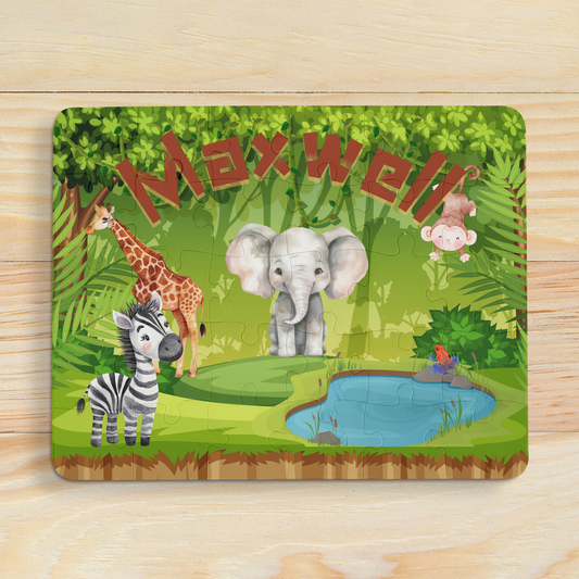 Personalized jungle themed 30-piece puzzle for kids. Features Elephant, giraffe, zebra, and monkey along with your childs name on the font. Perfect gift for children. Its fun and educational.