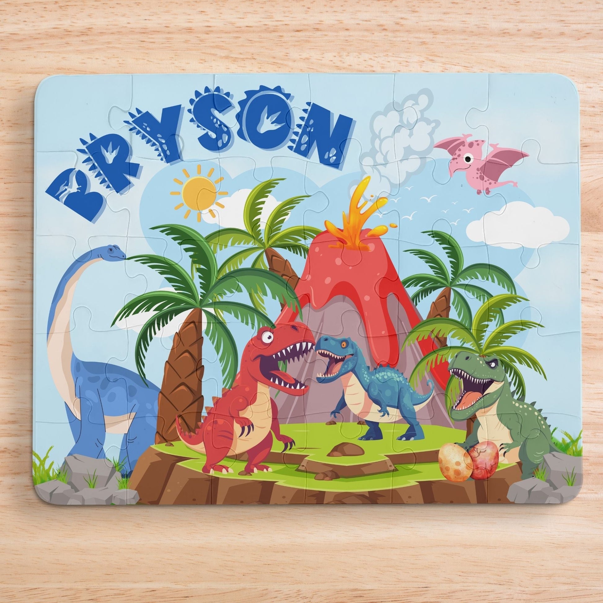 Personalized Dinosaur Jigsaw Puzzle – 30-Piece Jurassic Volcano Scene with T-Rex Printify
