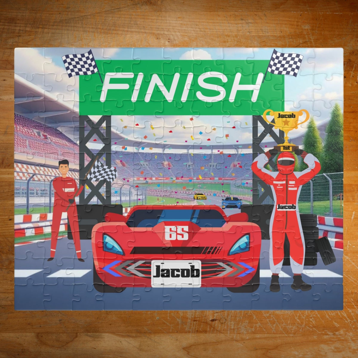 Completed kids racecar jigsaw puzzle featuring a speedway finish line scene, winning driver, trophy, and a customizable name displayed on the car’s license plate.