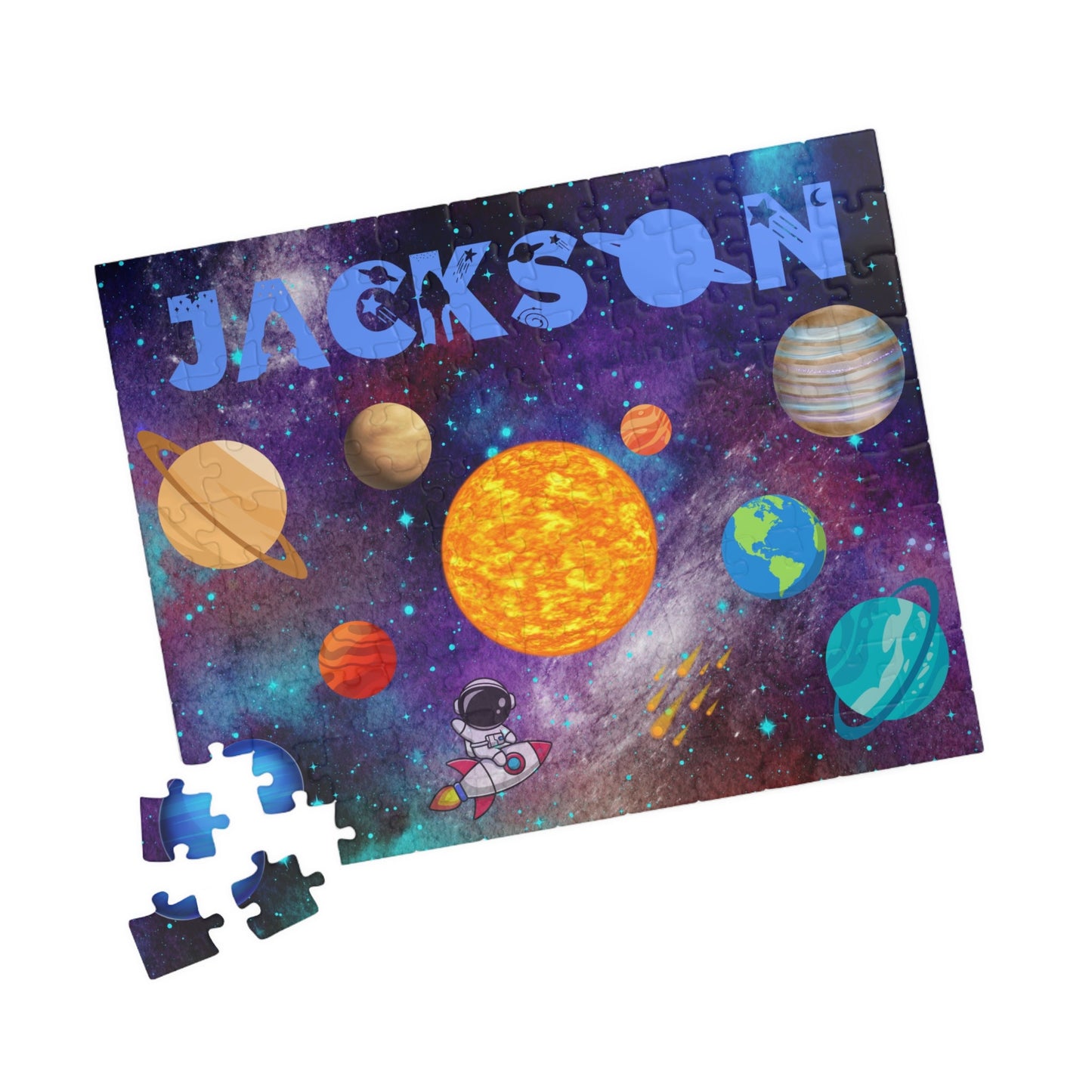 110-Piece Personalized Space Puzzle – Custom Name Rocket & Planets Jigsaw Printify