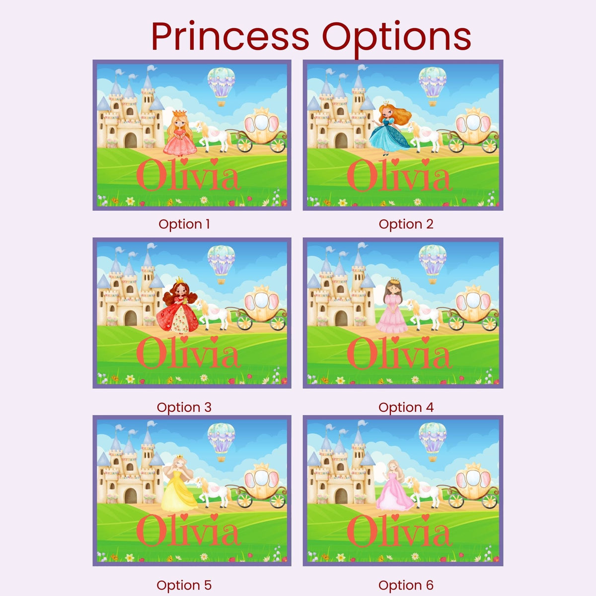 Princess character options for a personalized kids castle puzzle, showing multiple princess styles available for selection with a customizable name added to the final puzzle design.