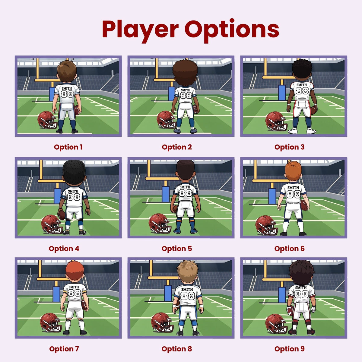 Customization options for the personalized football jigsaw puzzle, showing different player appearance choices with a customizable name displayed on the scoreboard and a number on the back of the jersey