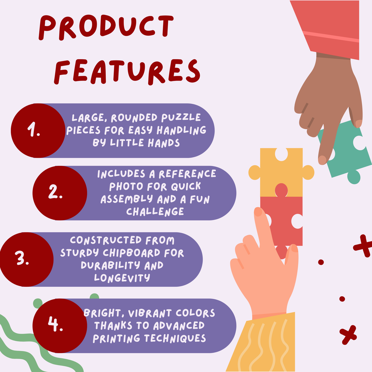 Graphic showing product features of a 30-piece kids jigsaw puzzle, including large rounded jigsaw pieces for easy handling, sturdy chipboard construction, bright printed colors, and an included reference image to help with assembly.