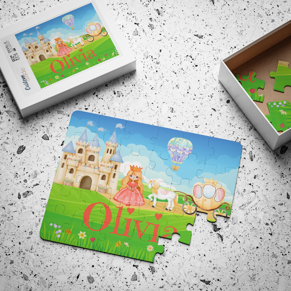 Personalized princess jigsaw puzzle packaging showing a custom name printed on the puzzle artwork inside the box, designed as a 30-piece kids puzzle gift.