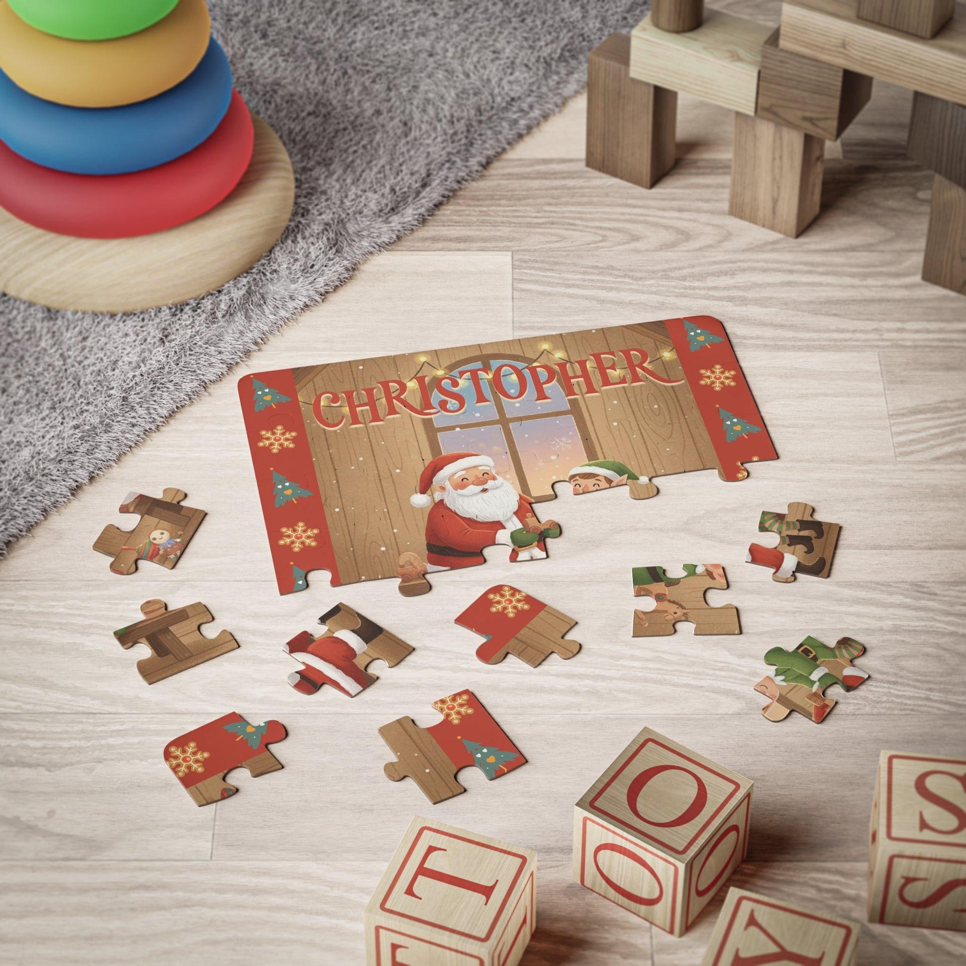 Personalized Santa’s Toy Workshop Puzzle – Custom Name Kids Christmas Jigsaw, 30-Piece Holiday Gift Printify