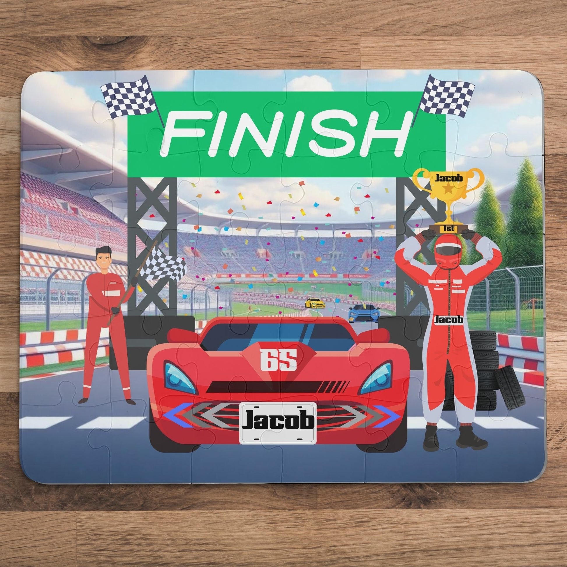Personalized Kids Racecar Puzzle – 30-Piece Speedway Jigsaw with Winning Car, Custom Name on License Plate, Driver & Trophy Scene Printify