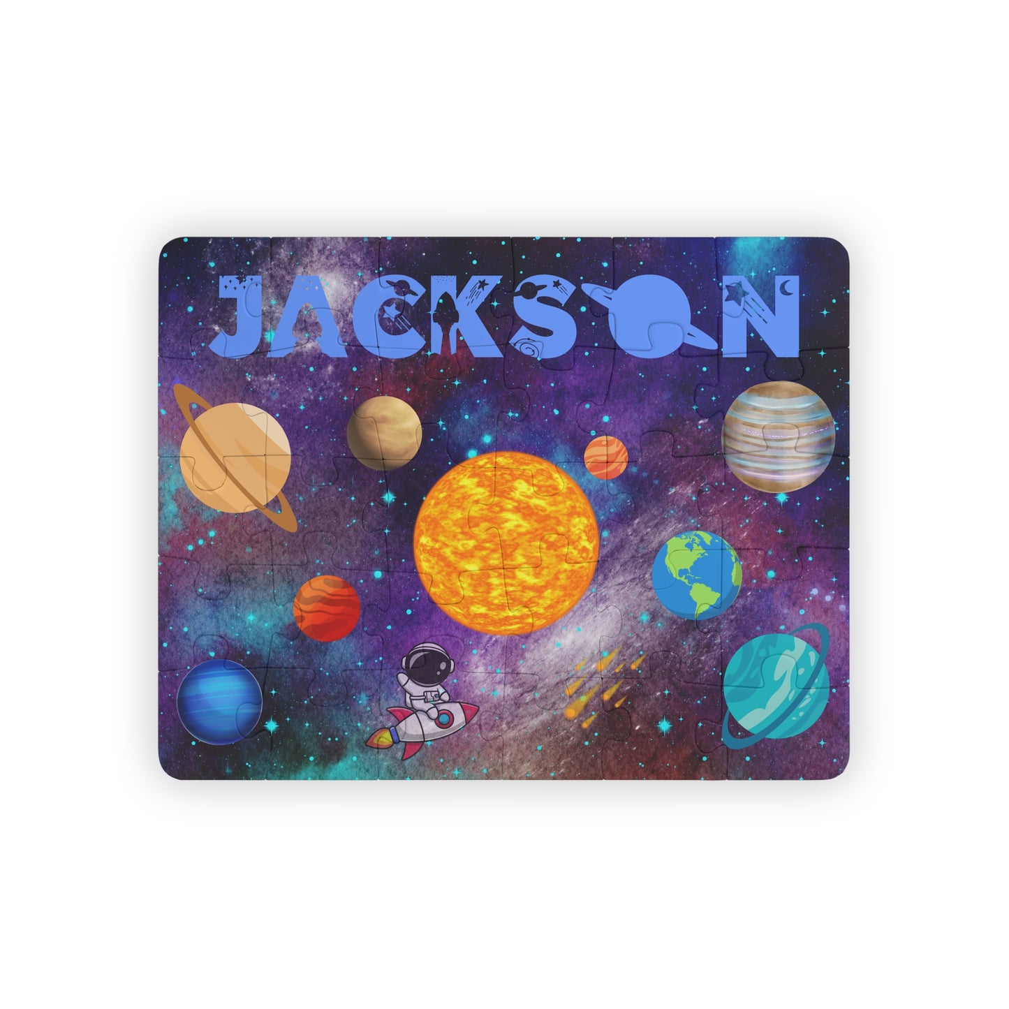 Personalized kids space puzzle featuring a colorful solar system scene with planets, stars, and an astronaut, customized with the child’s name at the top in large blue letters. Educational jigsaw puzzle designed for young children to learn about space and planets.