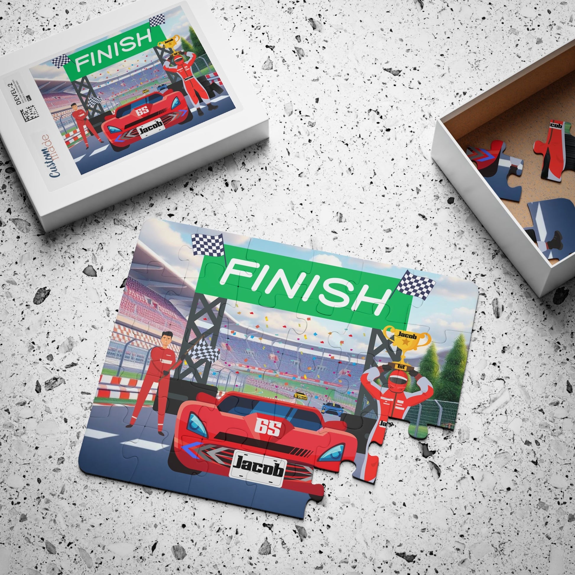 Personalized Kids Racecar Puzzle – 30-Piece Speedway Jigsaw with Winning Car, Custom Name on License Plate, Driver & Trophy Scene Printify