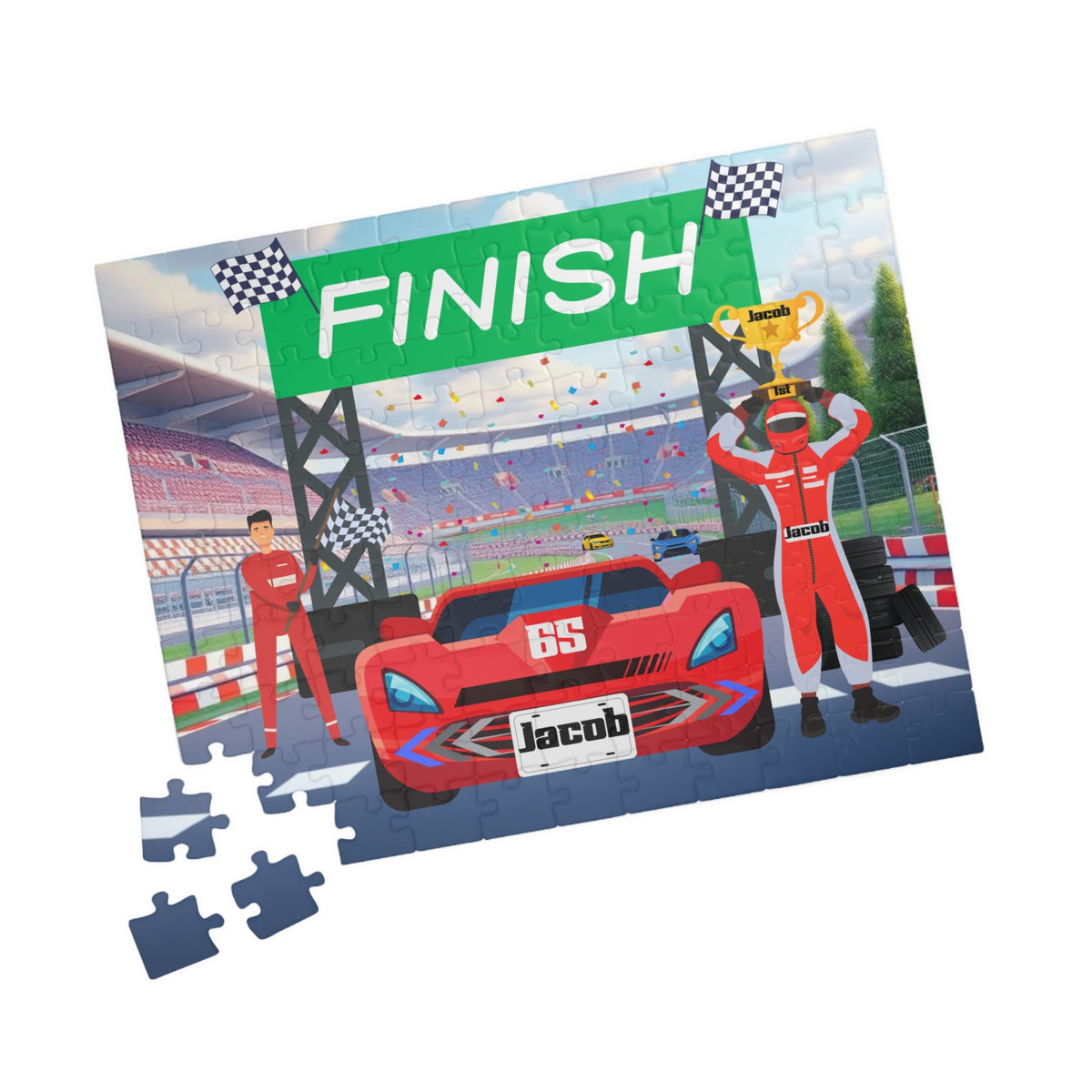 Personalized kids racecar puzzle showing a race car at the finish line with a customizable name displayed on the license plate, stadium background, and themed jigsaw pieces.